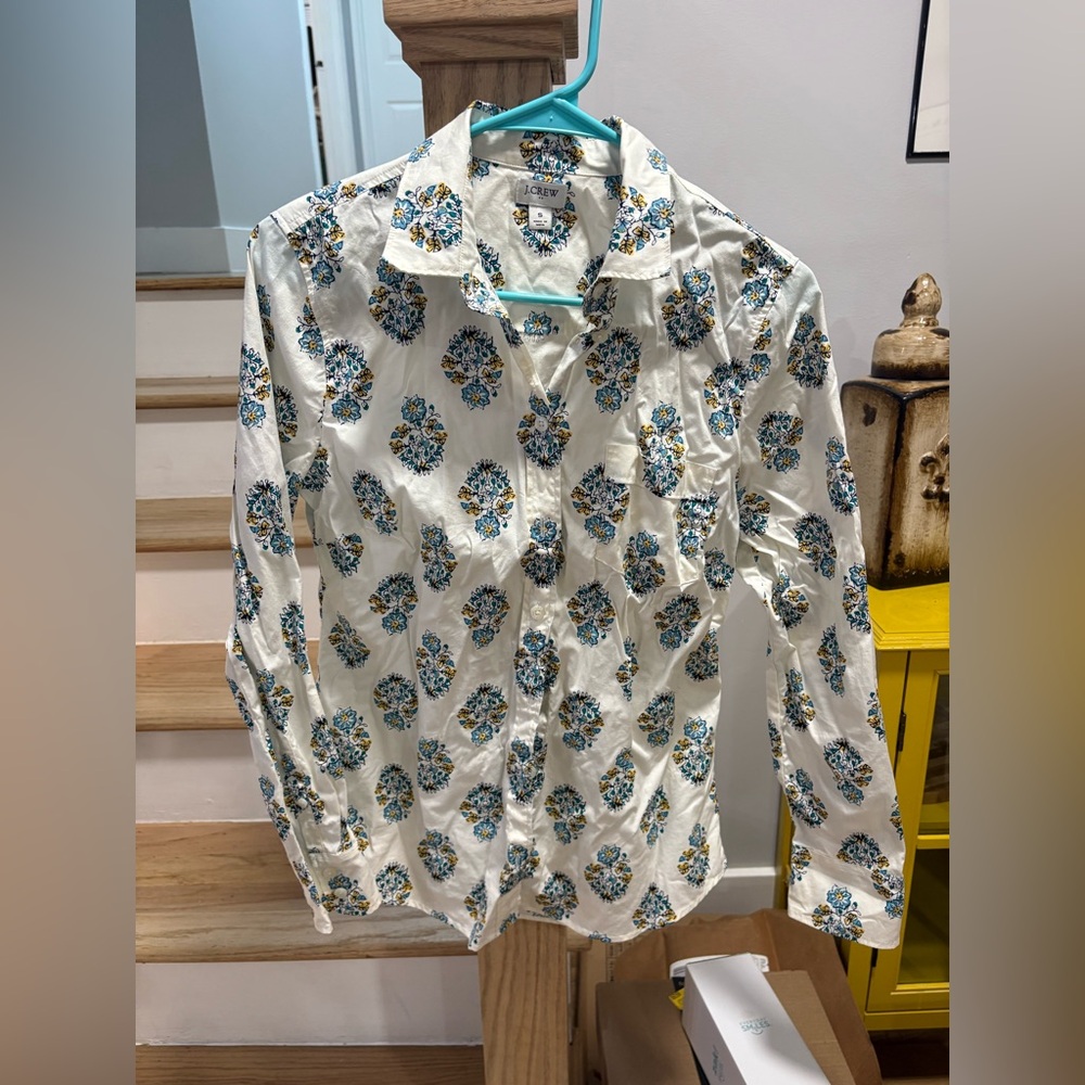 J. Crew Factory Floral Print Blouse - White and Blue